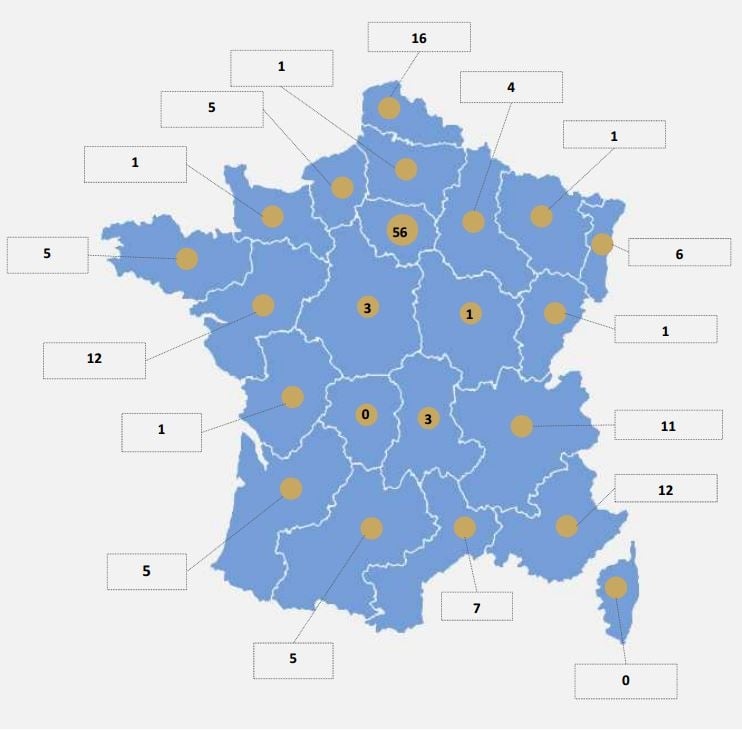 Carte de la répartition des data centers en France par région (156 au total).